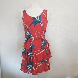 Sariah 100% Silk Red Palm Print Sleeveless Layered Dress Size 4